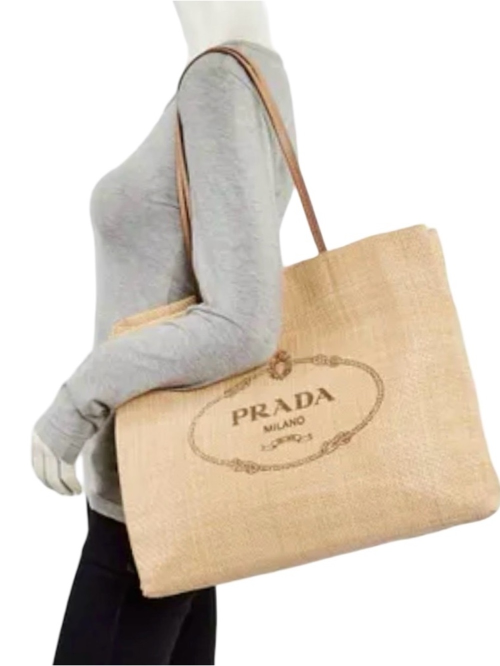 PRADA BEIGE RAFFIA MAXI BEACH TOTE BAG